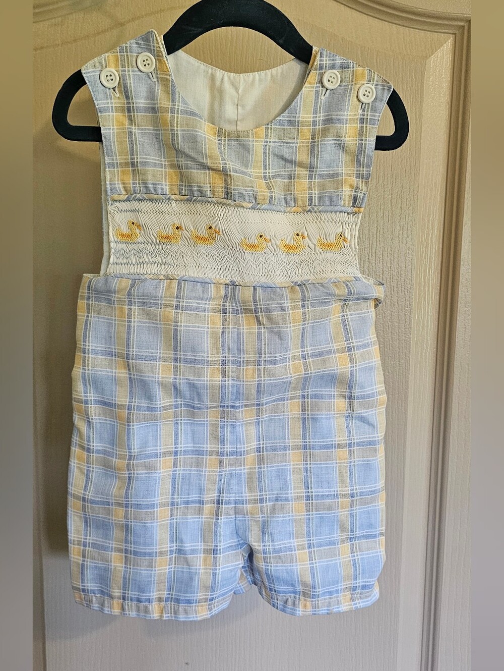 Vintage Homemade Embroidered Smocked Ducks Baby Shorts Romper 12-18mos